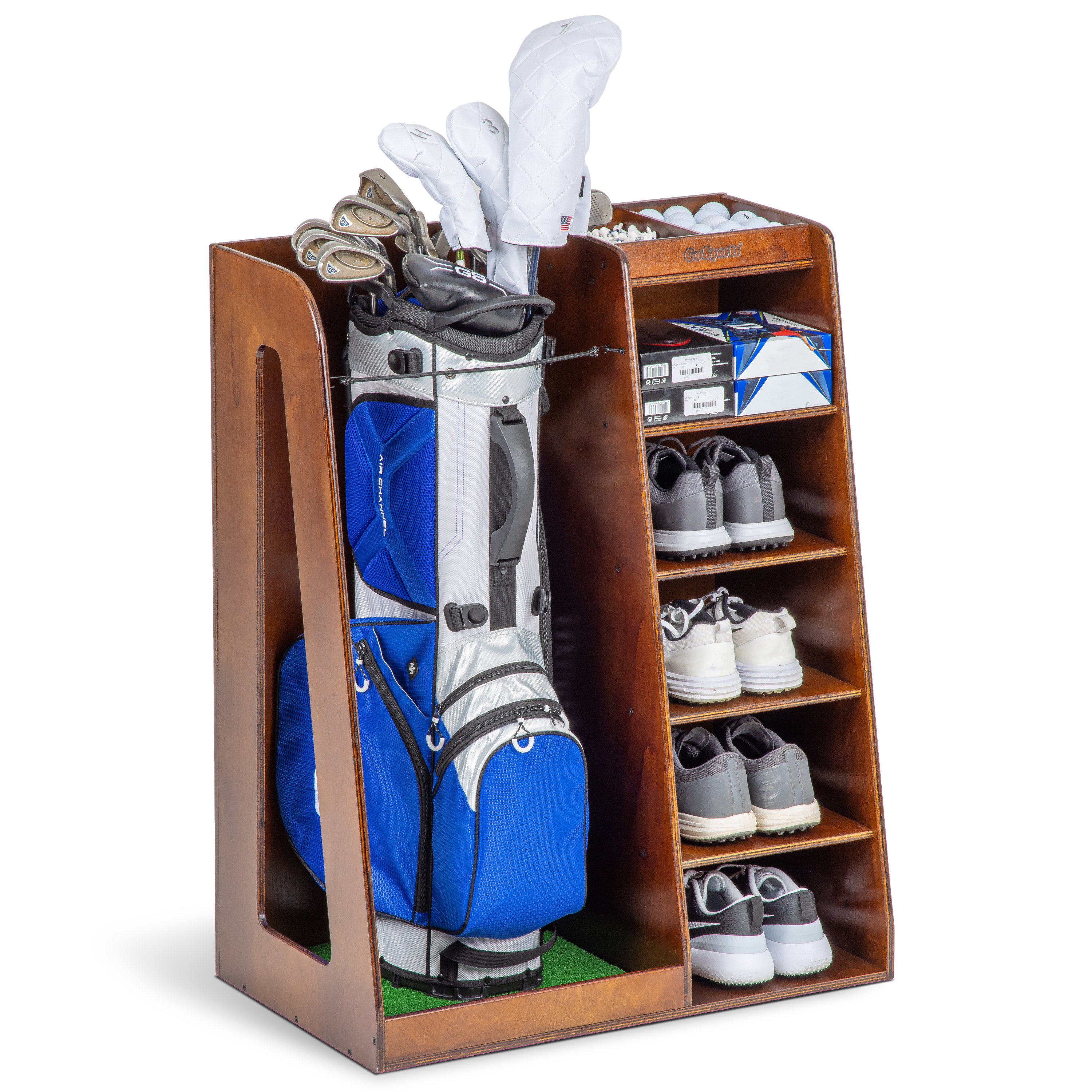 GoSports Premium Wooden Freestanding Golf Bag Organizer and